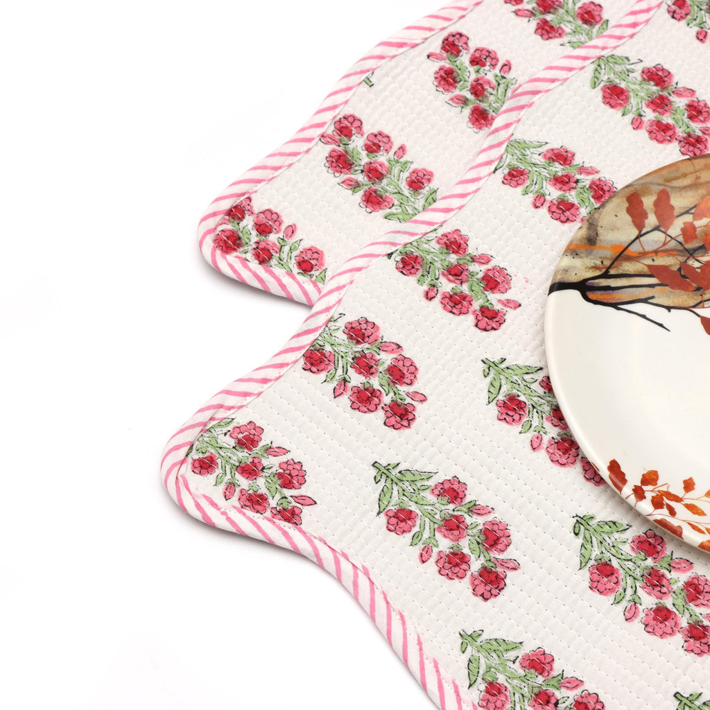 Pink Floral Block Print Table Mats, Handmade Quilted Scalloped Placemats, Reversible Cotton Dining Placemats Kitchen & Table Decor Placemats