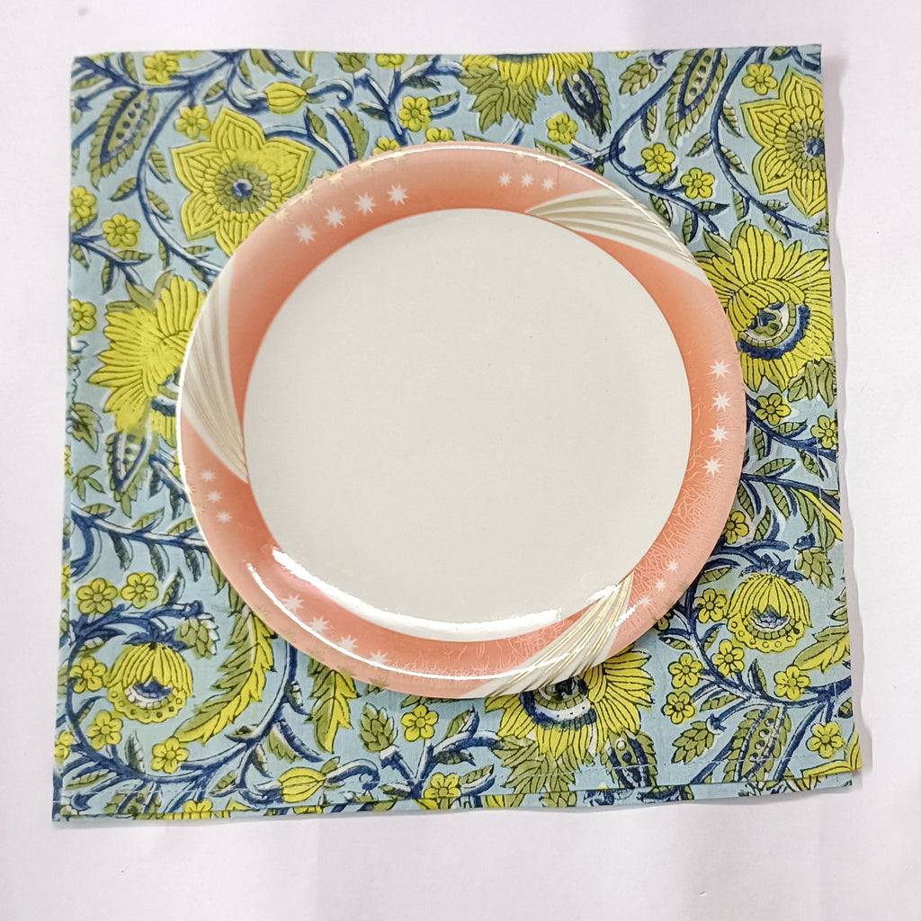 Handmade Organic Cotton Dinner Napkins: Floral Block Print, 20x20 Inches