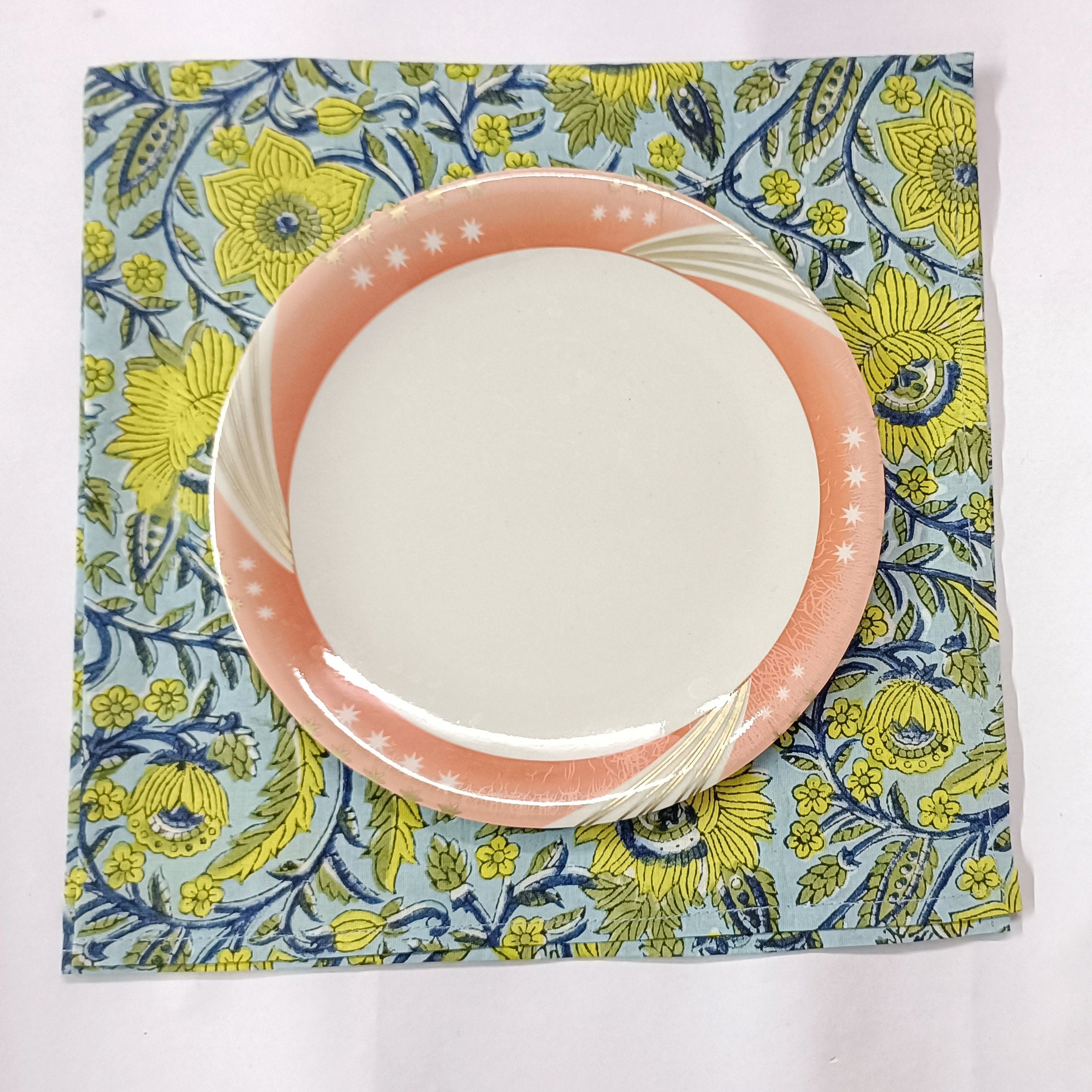 Handmade Organic Cotton Dinner Napkins: Floral Block Print, 20x20 Inches