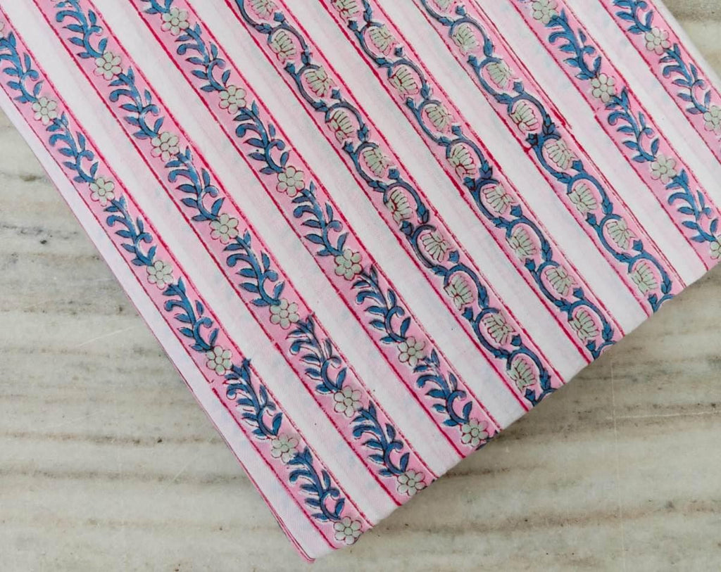 Striped Floral Cotton Fabric, Pink & Blue Hand Block Print Cotton Fabric, Soft Indian Cotton for Quilting, Sewing Fabric, Textile Fabric