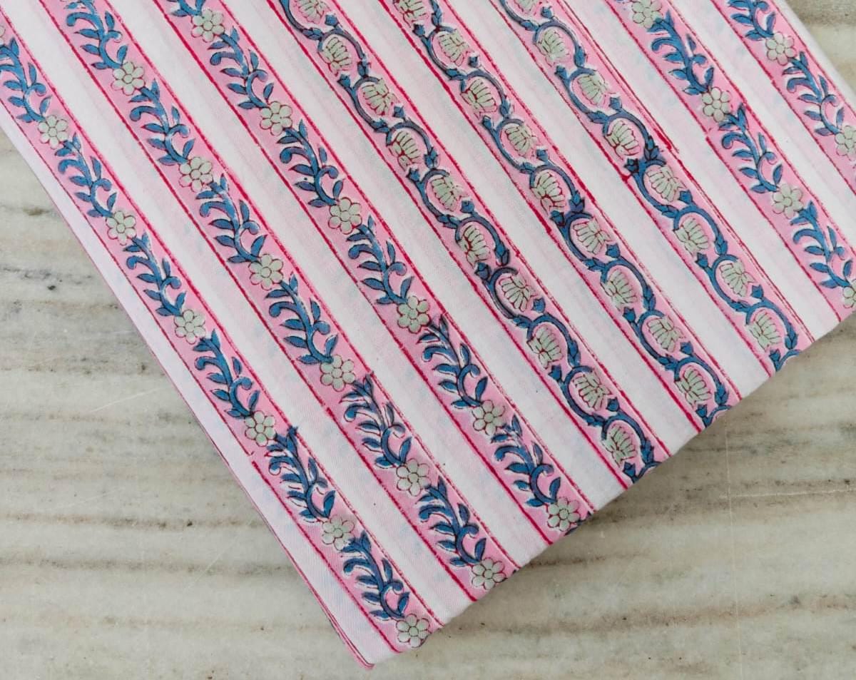 Striped Floral Cotton Fabric, Pink & Blue Hand Block Print Cotton Fabric, Soft Indian Cotton for Quilting, Sewing Fabric, Textile Fabric