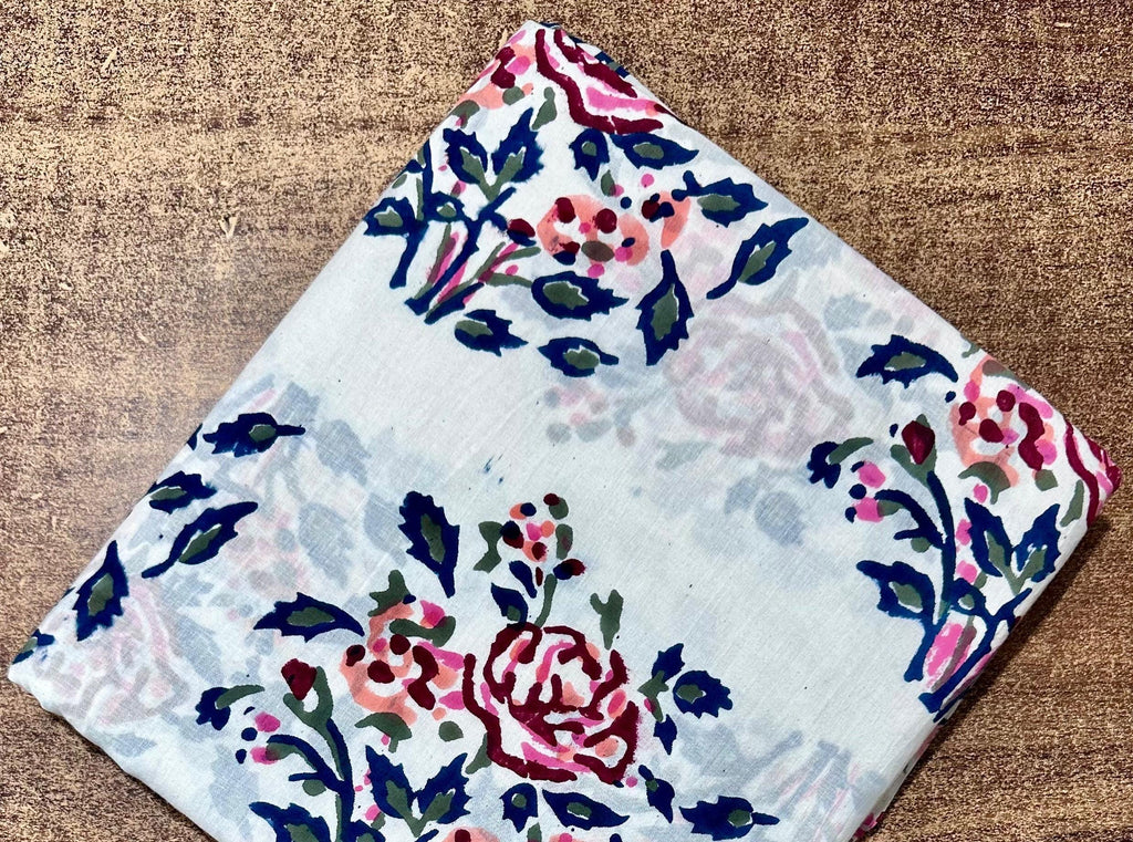 Flower Floral Cotton Fabric by the Yard, White Blue Block Print Cotton Cloth, Soft Cotton Fabric for Sewing, Quilting, Dressmaking Crafts