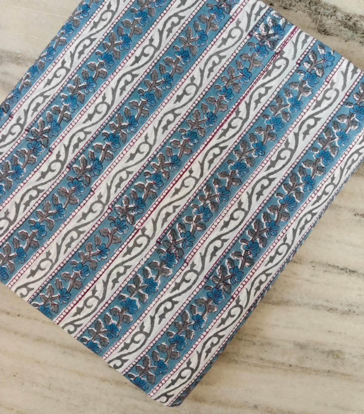 Blue Floral Stripe Cotton Fabric – Indian Block Print Style – Teal & Grey Vine Print – Quilting, Dressmaking  Craft Fabric by the Yard