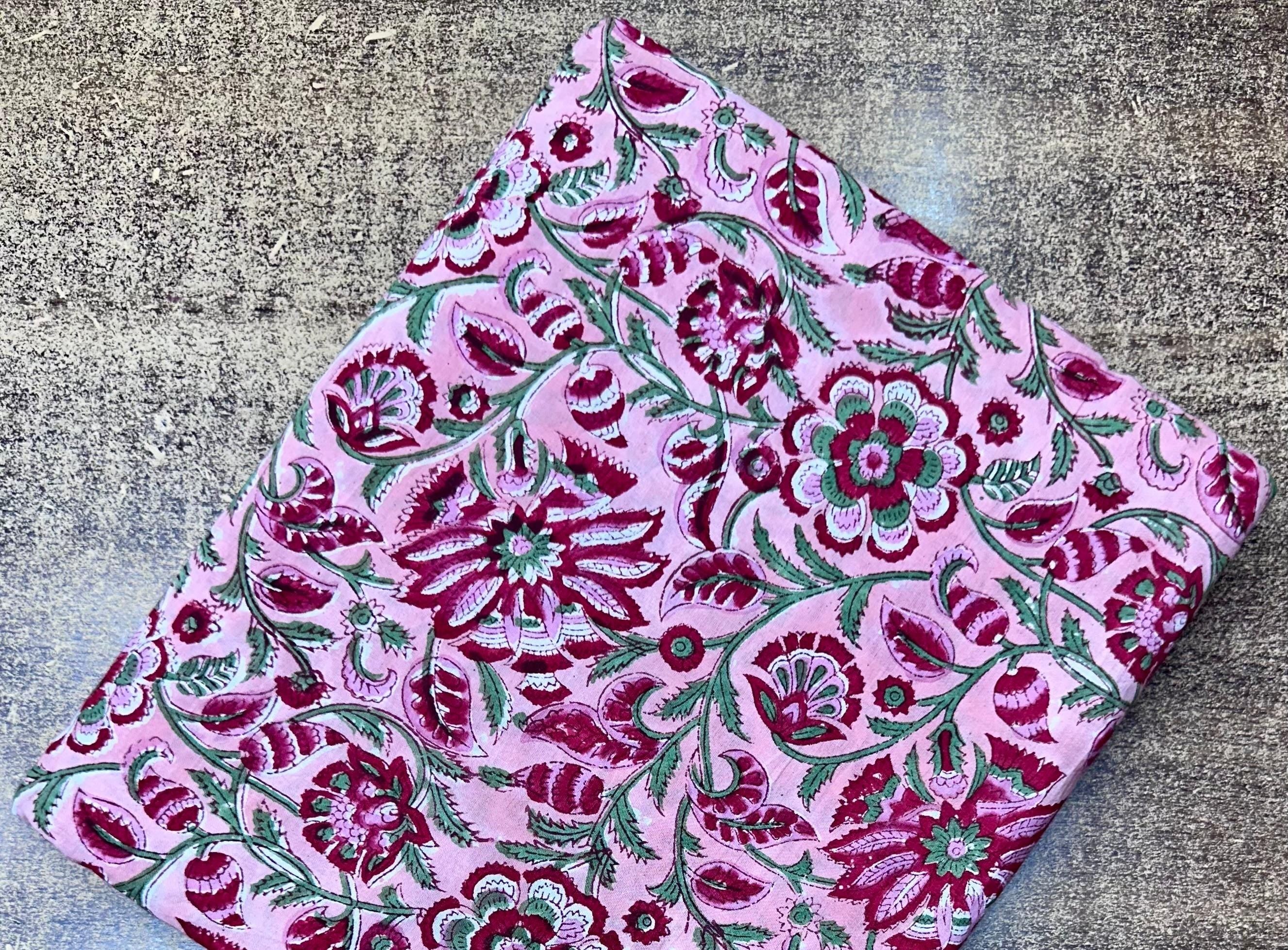 Pink Floral Block Print Cotton Fabric by the Yard | Indian Handmade Cotton for Sewing, Quilting, Dressmaking | Printed Floral Fabric