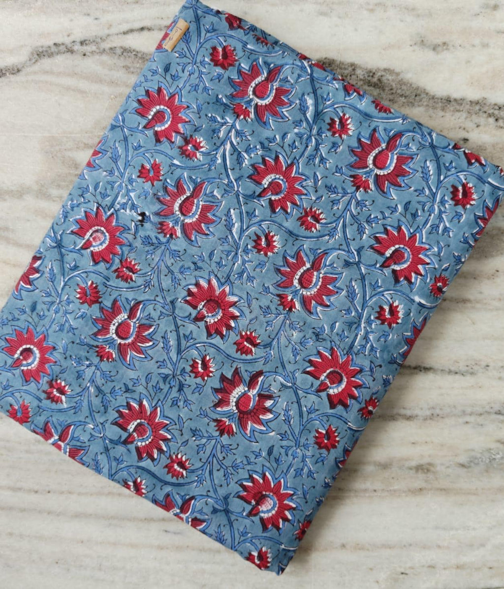 Red Floral Cotton Fabric, Blue Hand Block Print Fabric by the Yard, Indian Soft Cotton for Quilting, Sewing, Dressmaking, Home Decor