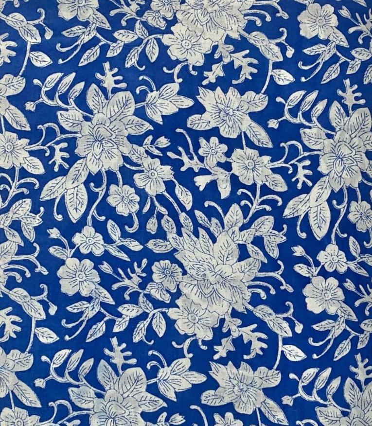 Indian Hand Block Print Fabric, Blue Floral 100% Cotton Quilting Fabric By The Yard, Fabric For Dress Making, Loose Running Fabric