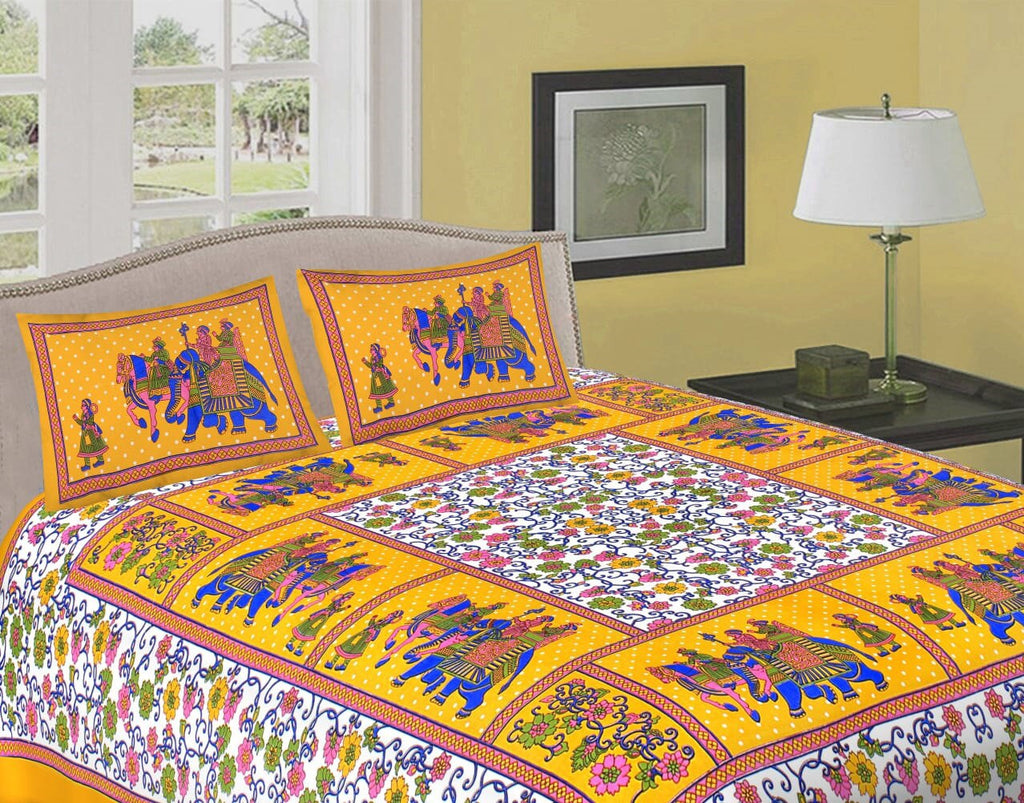 Handmade Orange Elephant Print Queen Bedsheet: Sanganeri Cotton Bedding