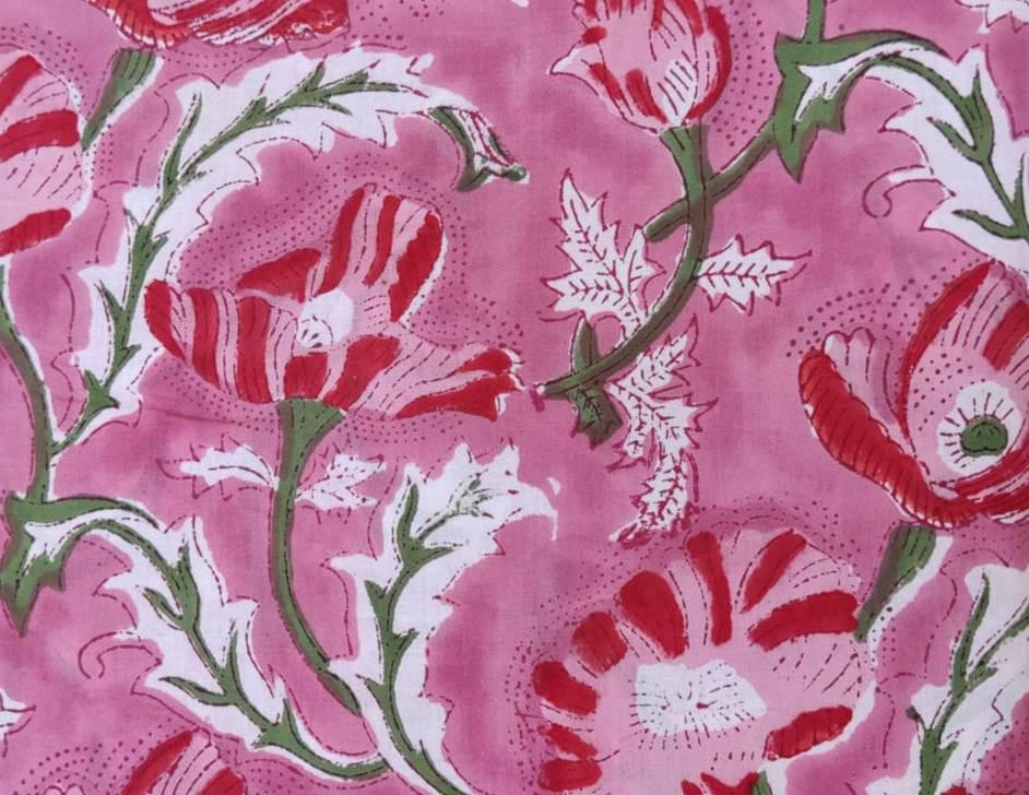 Pink Floral Cotton Fabric by the Yard, Soft Block Print Fabric for Quilting, Dressmaking, Handmade Textile, Loose Running Fabric Gifts