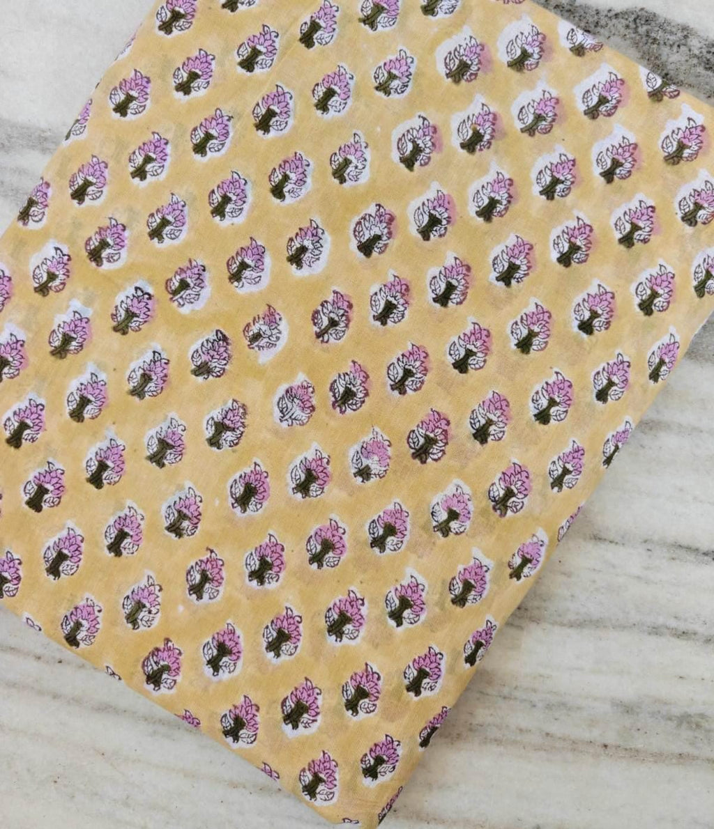 Hand Block Print Cotton Fabric – Yellow Booti Floral Indian Fabric by the Yard – Pink Buta Print Textile for Sewing, Quilting, Dressmaking