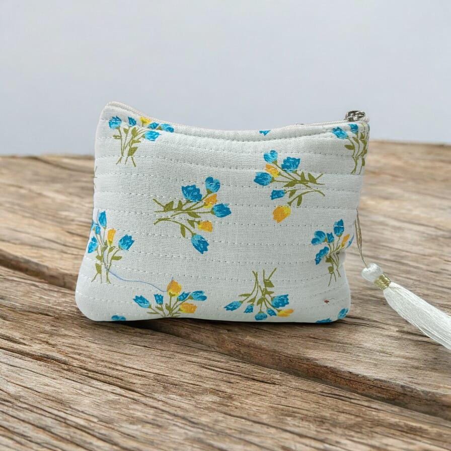Multi Color Botanical Quilted Zipper Pouch – Small Travel Bag with Tassel | Gift for Her | Handmade Gift | Quilted Pouch With Tassel