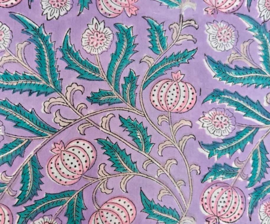 Purple and Teal Botanical Textile by the Yard, Lilac Cotton Fabric with Pink Floral Motif Fabric, Green Leaf Print Lightweight Sewing Fabric