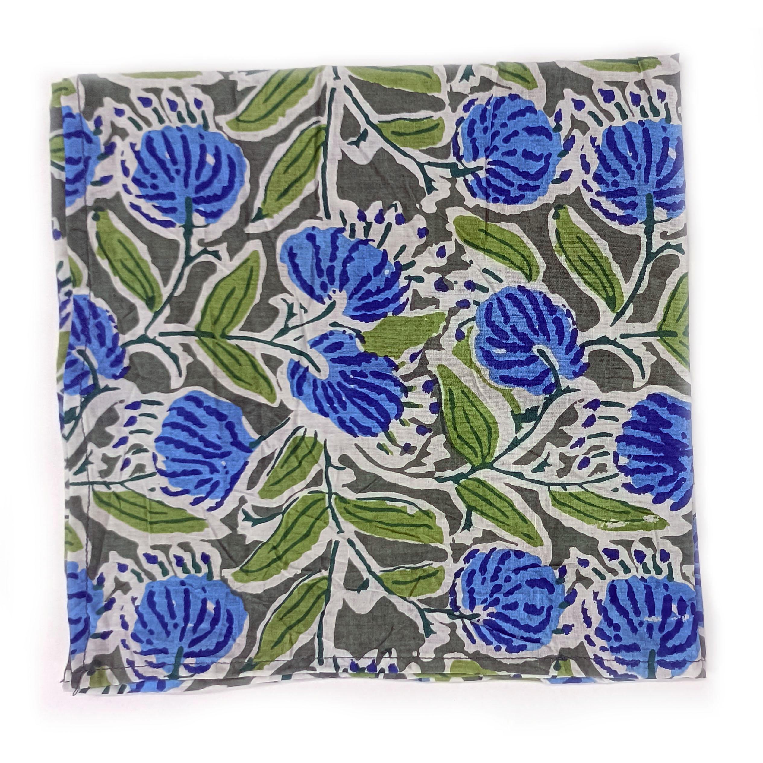 Blue Floral Cotton Napkin | Hand Block Print Reusable Cloth Napkin | Grey Green Eco-Friendly Table Linen | Indian Cotton Dinner Napkin Set