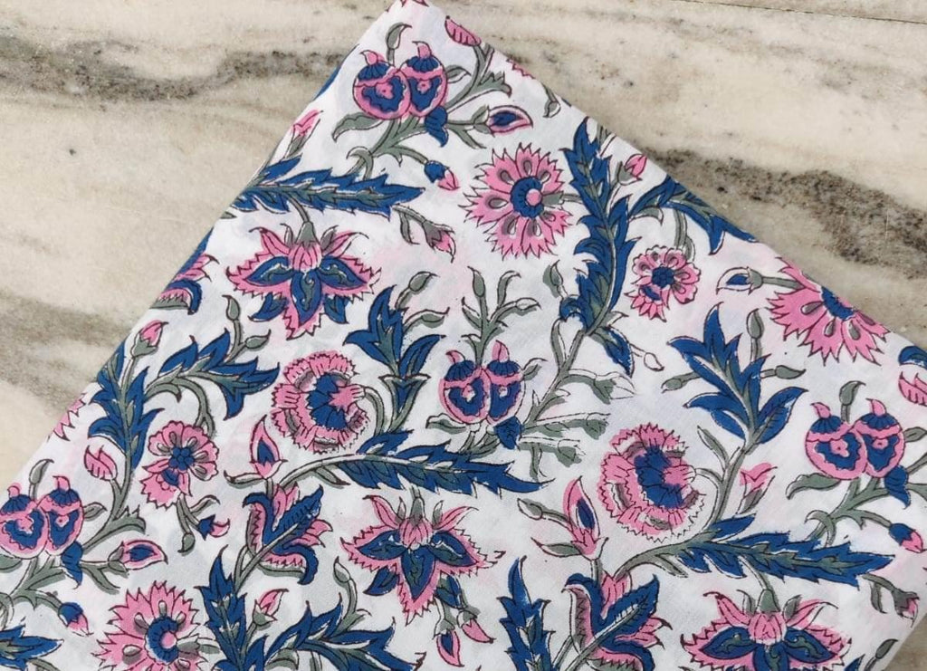 White Pink Blue Floral Cotton Fabric, Soft Printed Cotton Material by the Yard, Quilting, Dressmaking, Sewing, Textile Fabric, Loose Fabric
