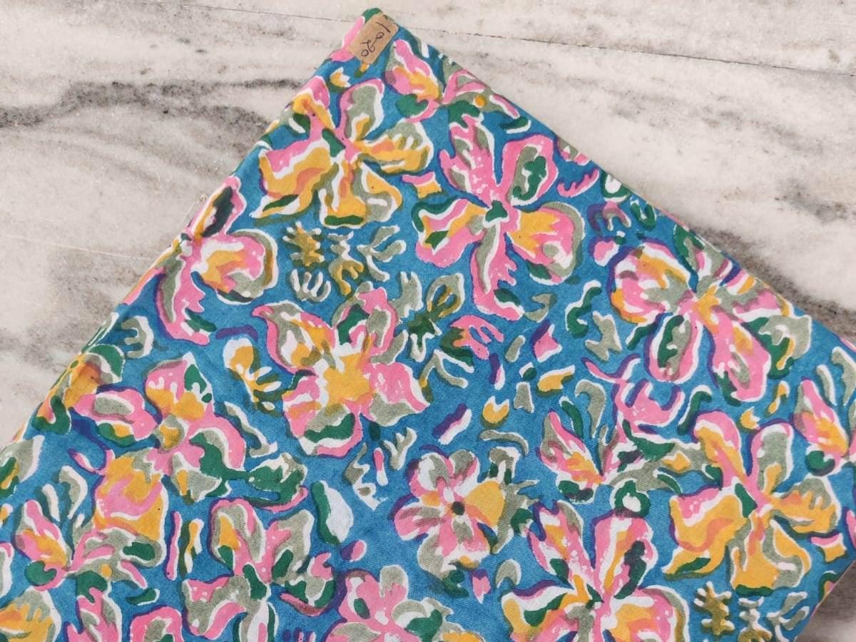 Blue Hand Block Printed Multicolor Fabric by the Yard, Indian Cotton for Sewing, Quilting, Women's Dressmaking Fabric, Floral Kurta Fabric