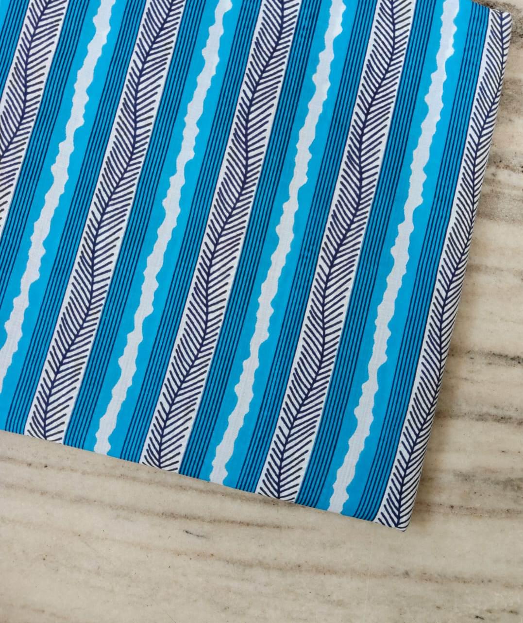 Blue Leaf Stripe Cotton Fabric, Tropical Stripe Fabric, Aqua Blue Printed Cotton, Dress Making Fabric,  Fabric by The Yard, Curtain Textile