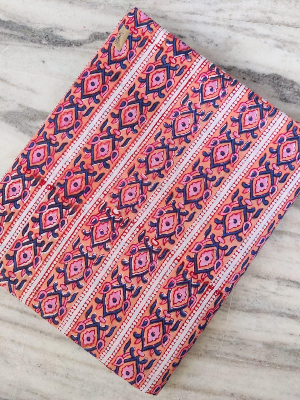 Pink Orange Striped Cotton Fabric, Hand Block Print Geometric Floral Fabric by the Yard,  Quilting, Sewing & Dressmaking, Napkins Fabric