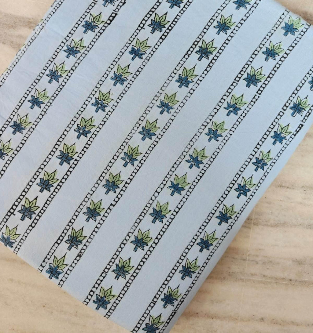 Light Blue Floral Stripe Cotton Fabric, Blue Hand Block Print Fabric By The Yard, Indian Soft Cotton for Quilting, Dressmaking, Sewing Craft