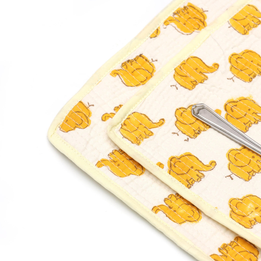 Yellow Elephant Quilted Placemats Set, Cotton Table Mats, Kids & Boho Dining Decor, Indian Elephant Print Mini Placement, Gift For Mother's