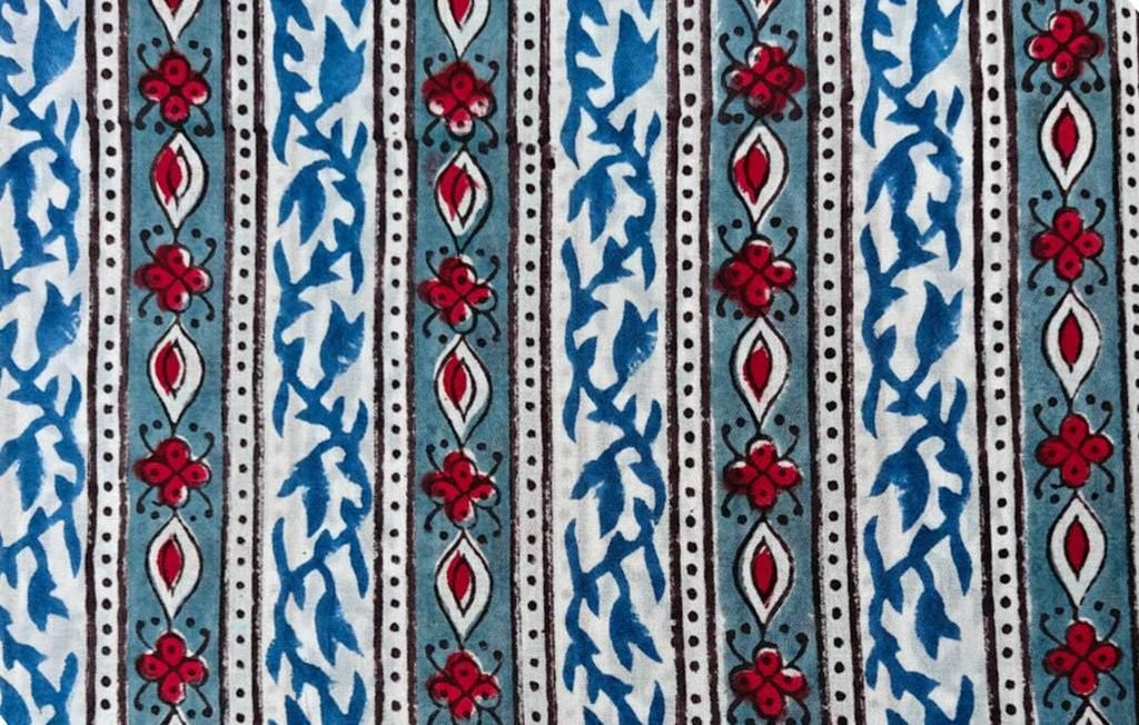 Striped Cotton Fabric, Red Floral Blue Leaf Hand Block Print, Indian Cotton Fabric by the Yard for Quilting, Sewing, Dressmaking, Home Decor