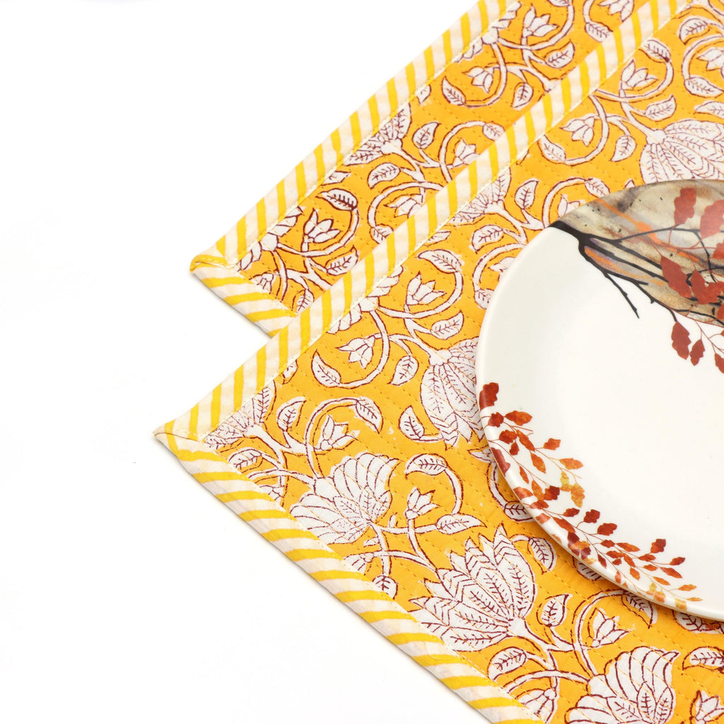 Yellow Floral Block Print Placemats Set, Hand Block Printed Cotton Table Mats, Mustard Yellow Dining Table Decor Placemat,Handmade Placement