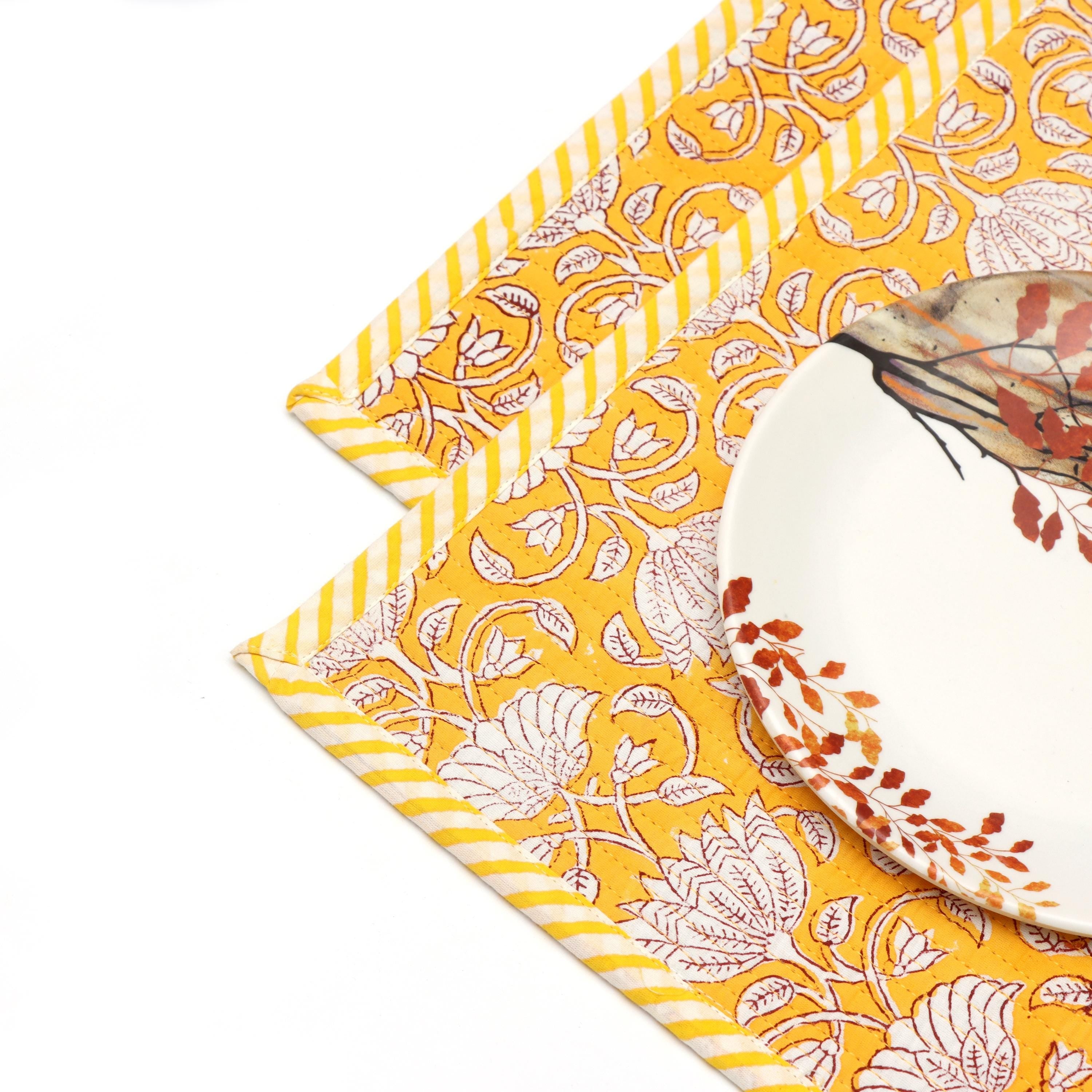 Yellow Floral Block Print Placemats Set, Hand Block Printed Cotton Table Mats, Mustard Yellow Dining Table Decor Placemat,Handmade Placement