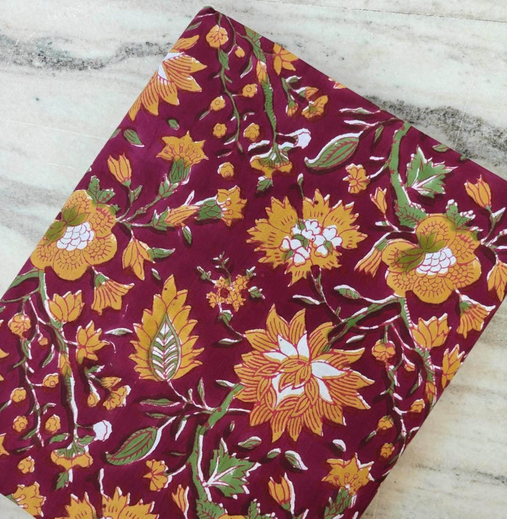 Maroon Yellow & Green Indian Hand Block Print Fabric, 100% Cotton Quilting Fabric By The Yard, Fabric For Dress Making, Loose Running Fabric