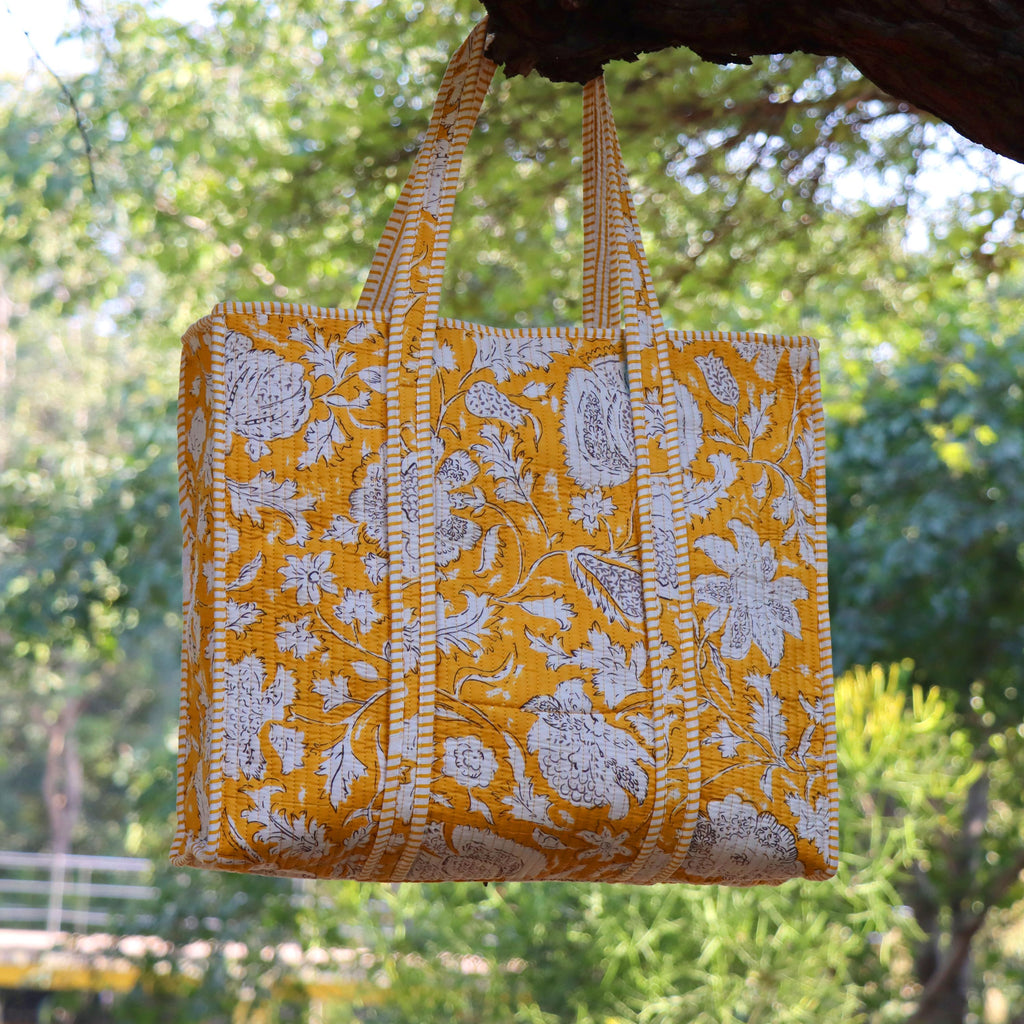 Yellow Color Cotton Tote Bag, Handmade Block Print Market Bag, Tote Bag, Indian Cotton Shoulder Bag, Baho Everyday Carry Bag, Beach Bags