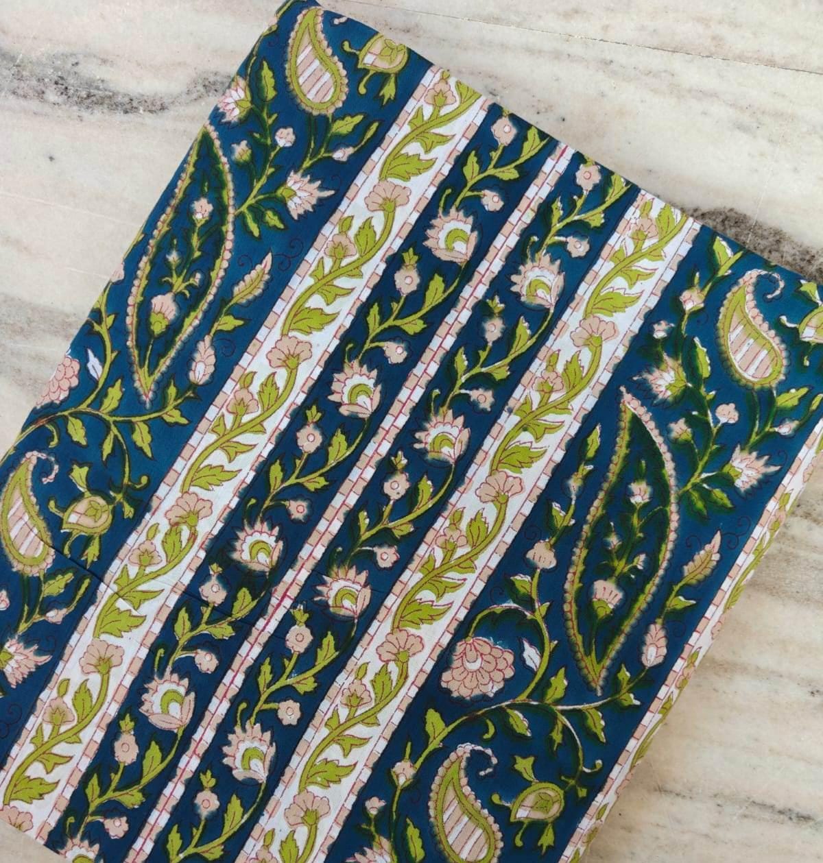 Blue Floral Stripe Cotton Fabric – Indian Block Print Paisley Fabric by the Yard – Boho Vine Pattern for Dressmaking, Quilting & Home Decor