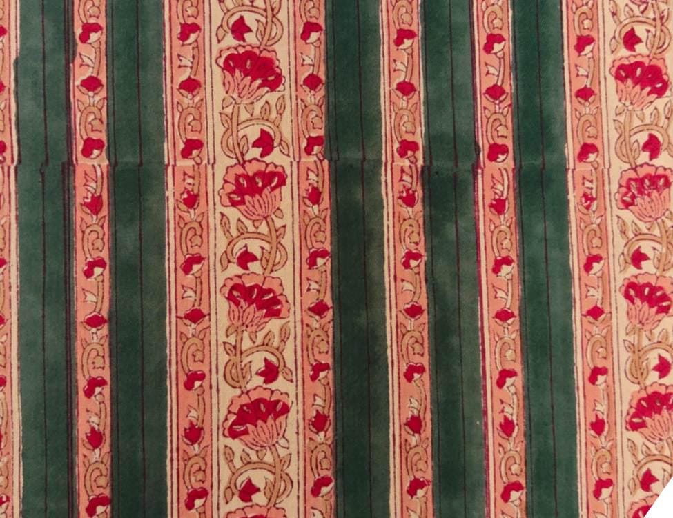 Green and Red Floral Striped Cotton Fabric, Traditional Indian Block Print Fabric, Handmade Cotton By The Yard Quilting & Craft Projects