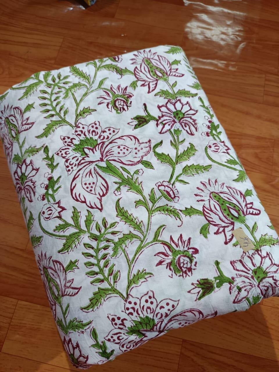 Green & Maroon Hand Block Print Fabric, White Floral Cotton Fabric by the Yard, Indian Soft Cotton Loose Running Fabric, Textile Fabric