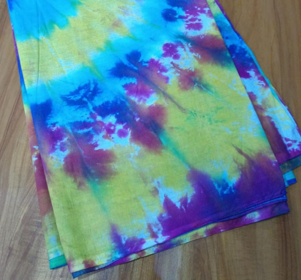 Tie Dye Cotton Fabric by the Yard, Colorful Shibori Print Textile, Bright Turquoise and Yellow Summer Fabric for Apparel, Festival Clothing