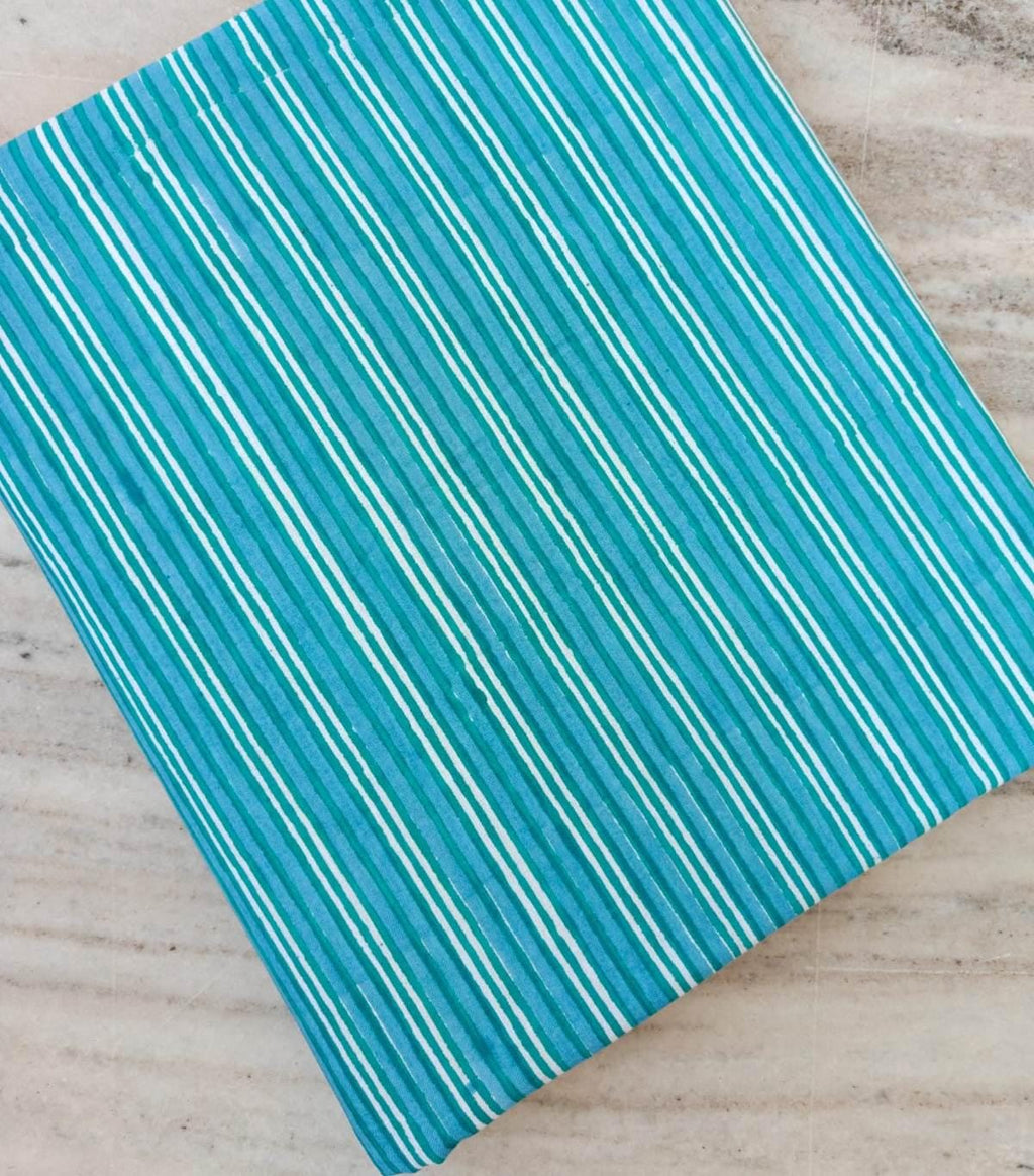 Turquoise Striped Cotton Fabric, Indian Hand Block Print Fabric, Teal Stripe Cotton by Yard, Boho Sewing Fabric, Dressmaking Quilting Fabric