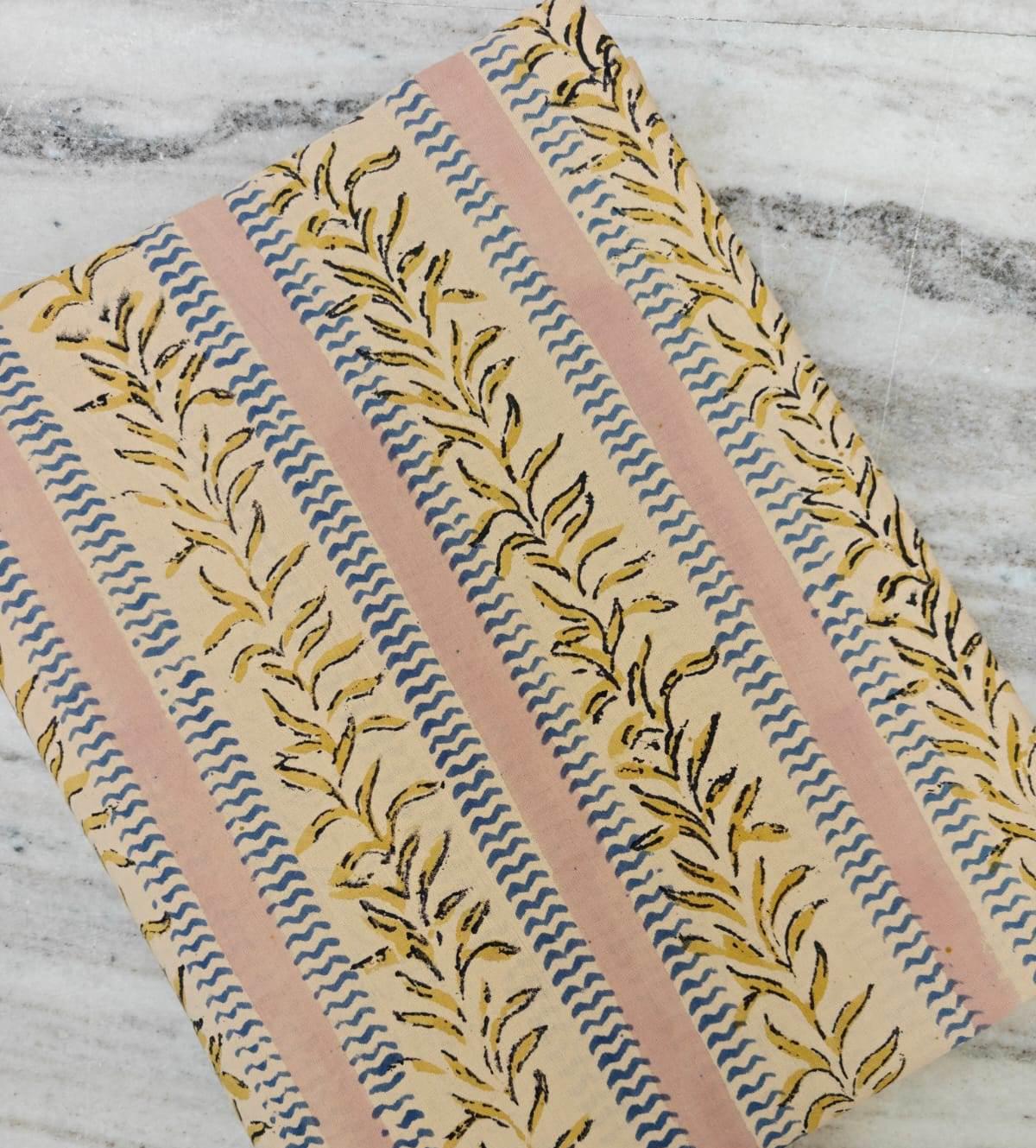 Striped Floral Cotton Fabric, Hand Block Print Fabric, Beige Blue Pink Stripe Fabric, Floral Vine Fabric, Dress Sewing Fabric By The Yard