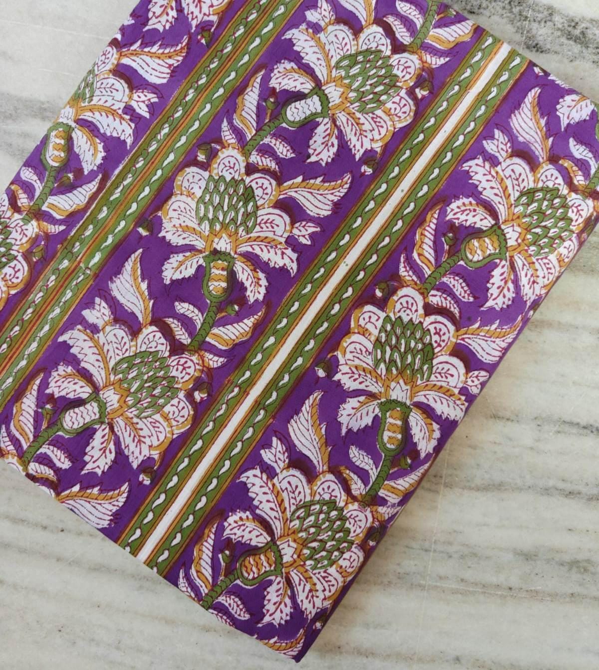 Purple Floral Cotton Fabric by the Yard, Indian Block Print Fabric, Green White Lotus Pattern, Boho Quilting Sewing Craft Material, Napkins