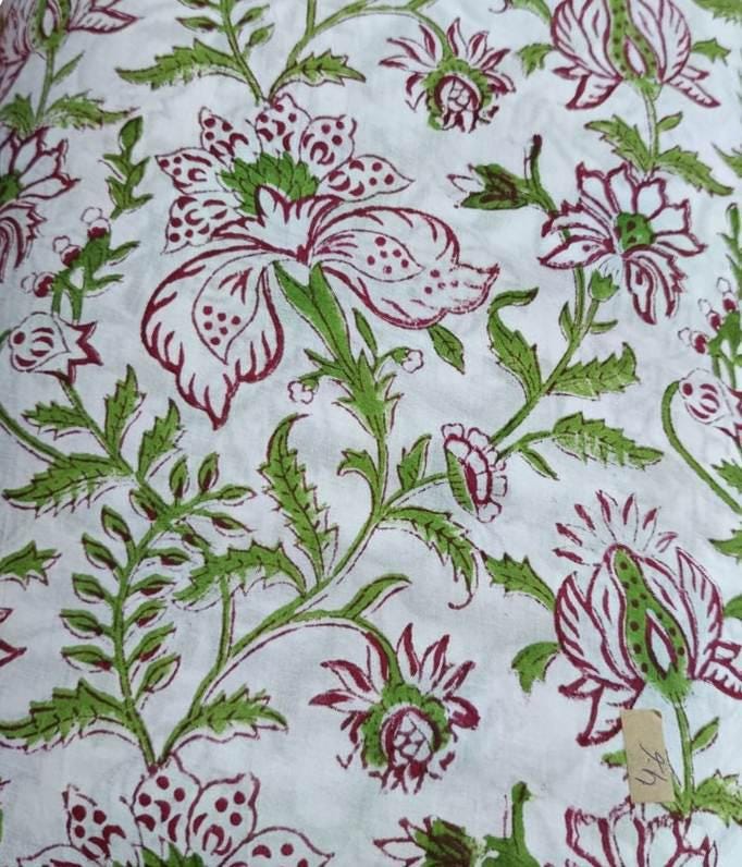 Green & Maroon Hand Block Print Fabric, White Floral Cotton Fabric by the Yard, Indian Soft Cotton Loose Running Fabric, Textile Fabric