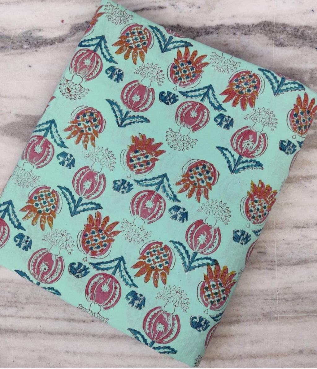 Mint Green Floral Cotton Fabric: Hand Block Print, Quilting & Sewing