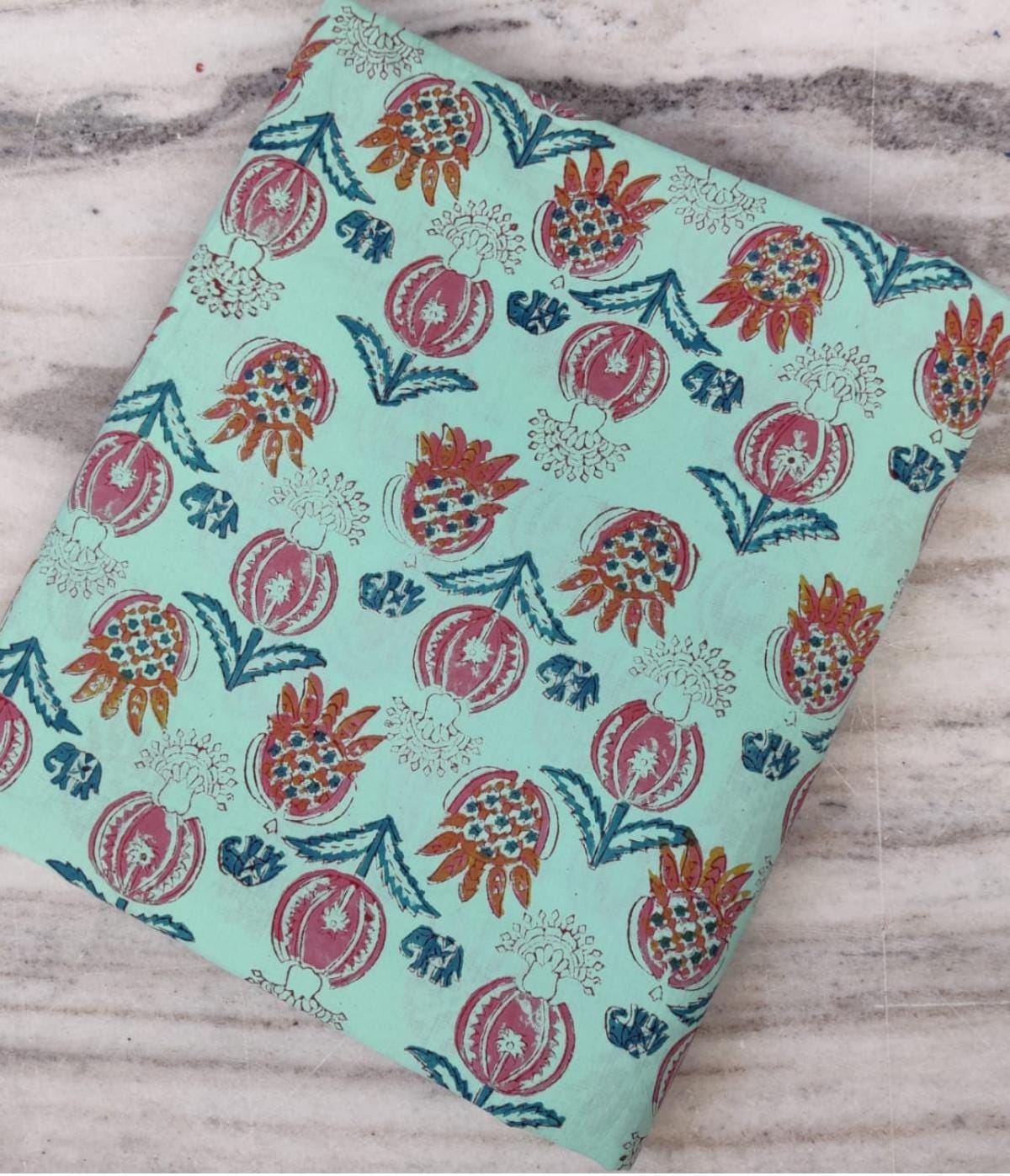 Mint Green Floral Cotton Fabric: Hand Block Print, Quilting & Sewing