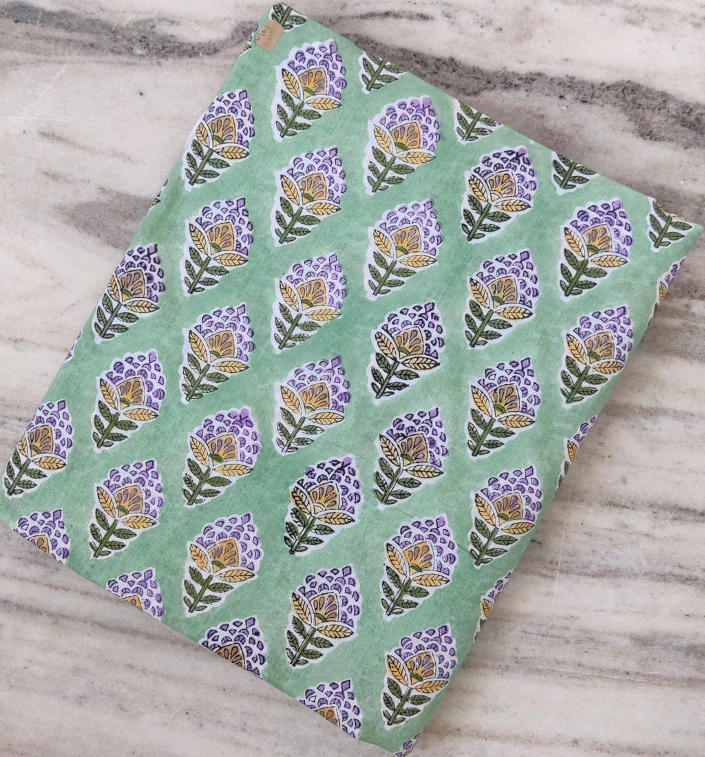 Green Cotton Fabric with Purple & Yellow Floral Print, Hand Block Print Fabric by the Yard, Soft Indian Cotton for Quilting, Dressmaking