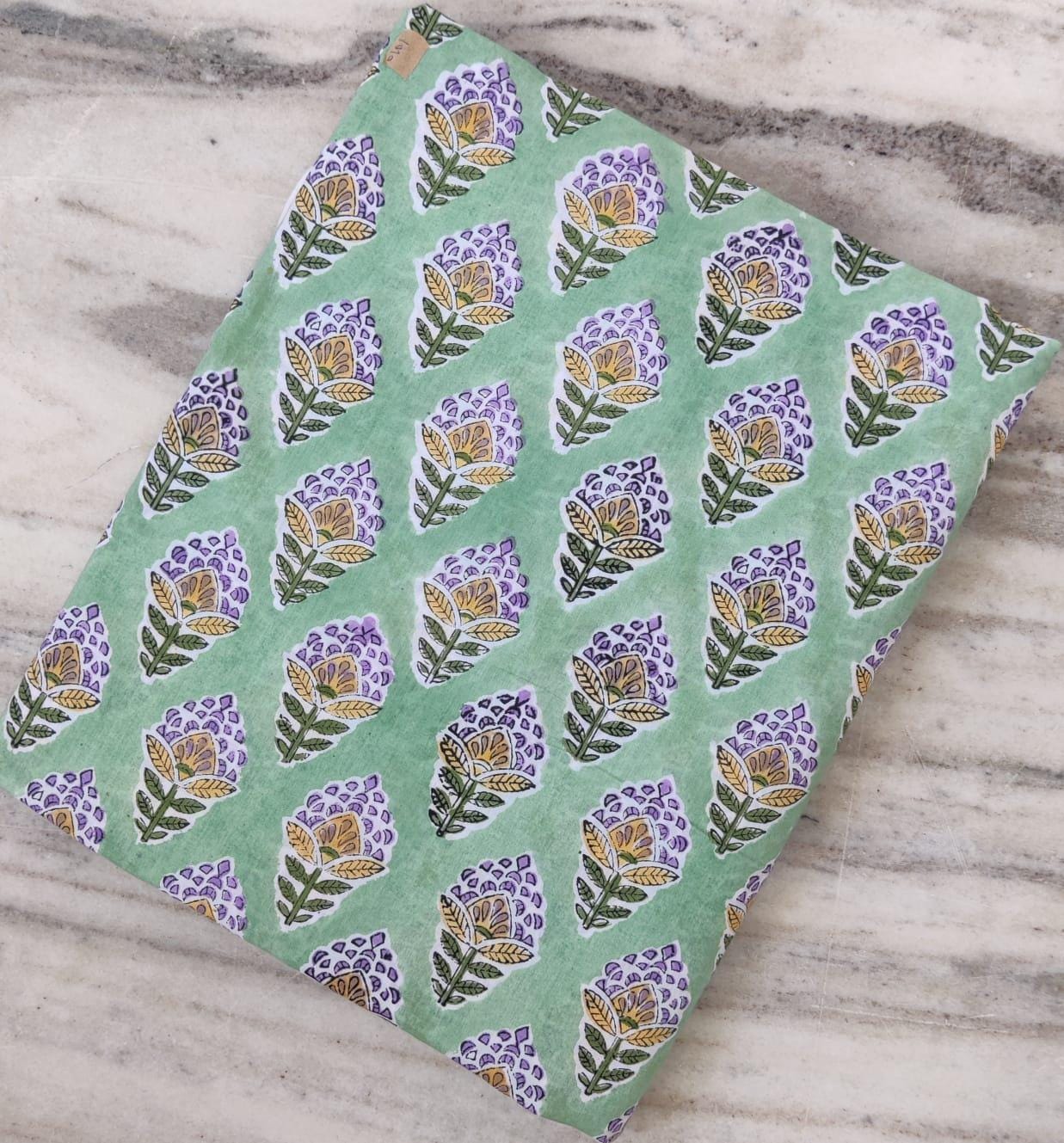 Green Cotton Fabric with Purple & Yellow Floral Print, Hand Block Print Fabric by the Yard, Soft Indian Cotton for Quilting, Dressmaking
