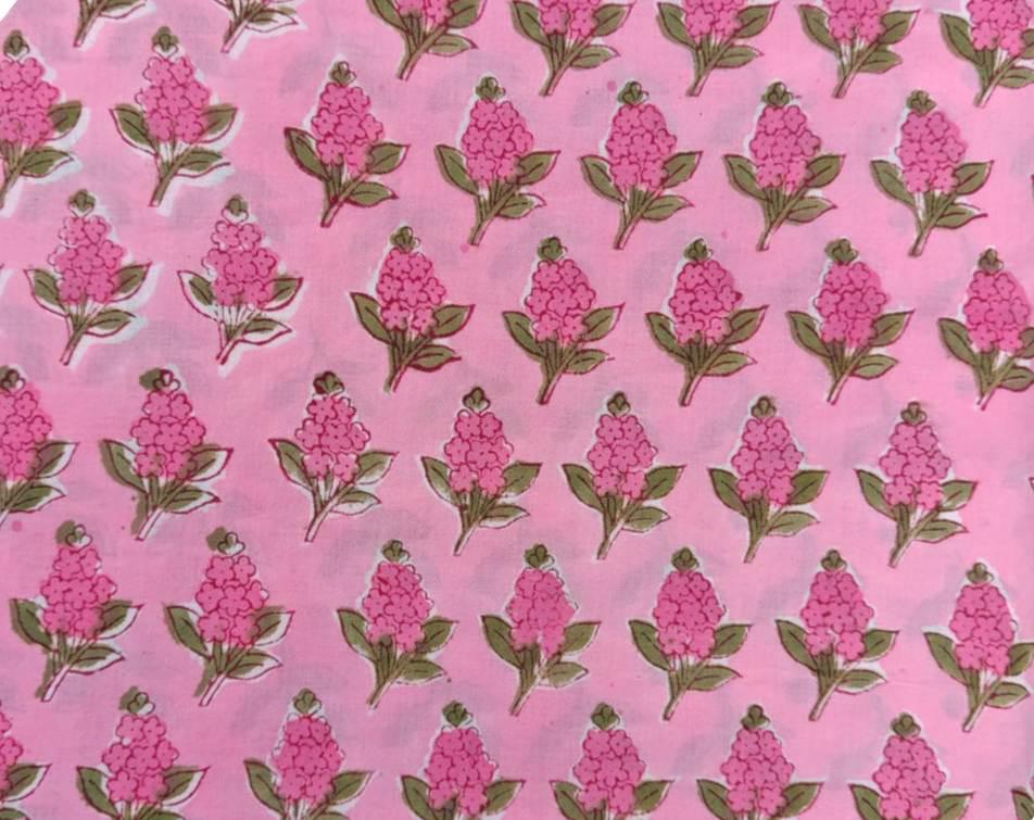 Pink Floral Cotton Fabric, Pink Color Hand Block Print Fabric By The Yard, Indian Soft Cotton for Quilting, Dressmaking, Sewing & Crafts