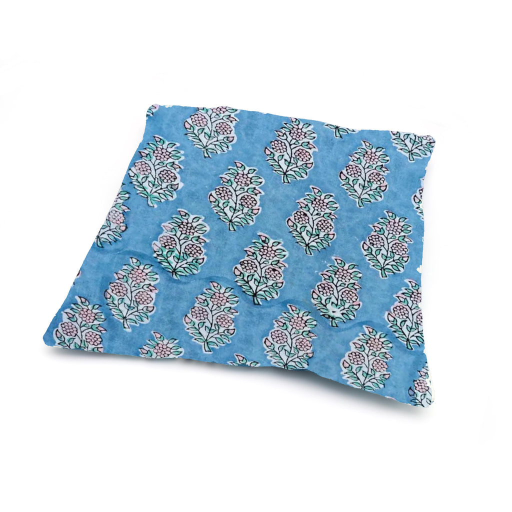 Hand Block Printed Cotton Cushion Cover, Blue Floral Pillow Cover, Decorative Throw Pillow, 16x16 Cushion Cover, Boho Home Decor Pillowcases