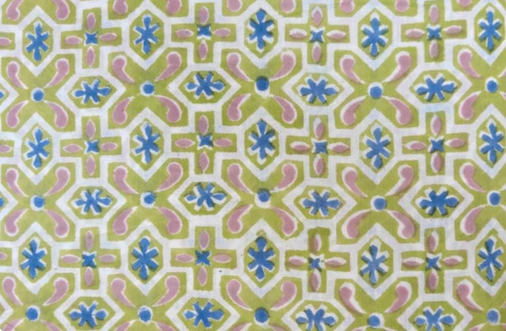 Green Geometric Floral Cotton Fabric, Hand Block Print Style Pink & Blue Printed Cotton, Indian Dressmaking Quilting Craft Fabric by Yard