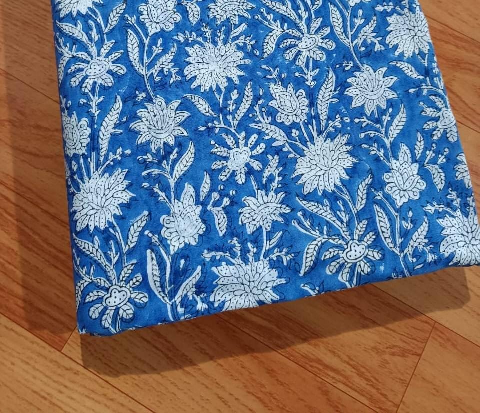 White Floral on Blue Cotton Fabric, Hand Block Print Indian Fabric by the Yard, Soft Pure Cotton Quilting, Sewing, Dressmaking, Home Decor