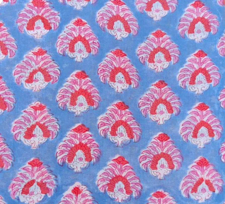 Blue Red Designer Hand Block Print Fabric, Floral 100% Cotton Quilting Fabric By The Yard, Fabric For Dress Making, Loose Running Fabric