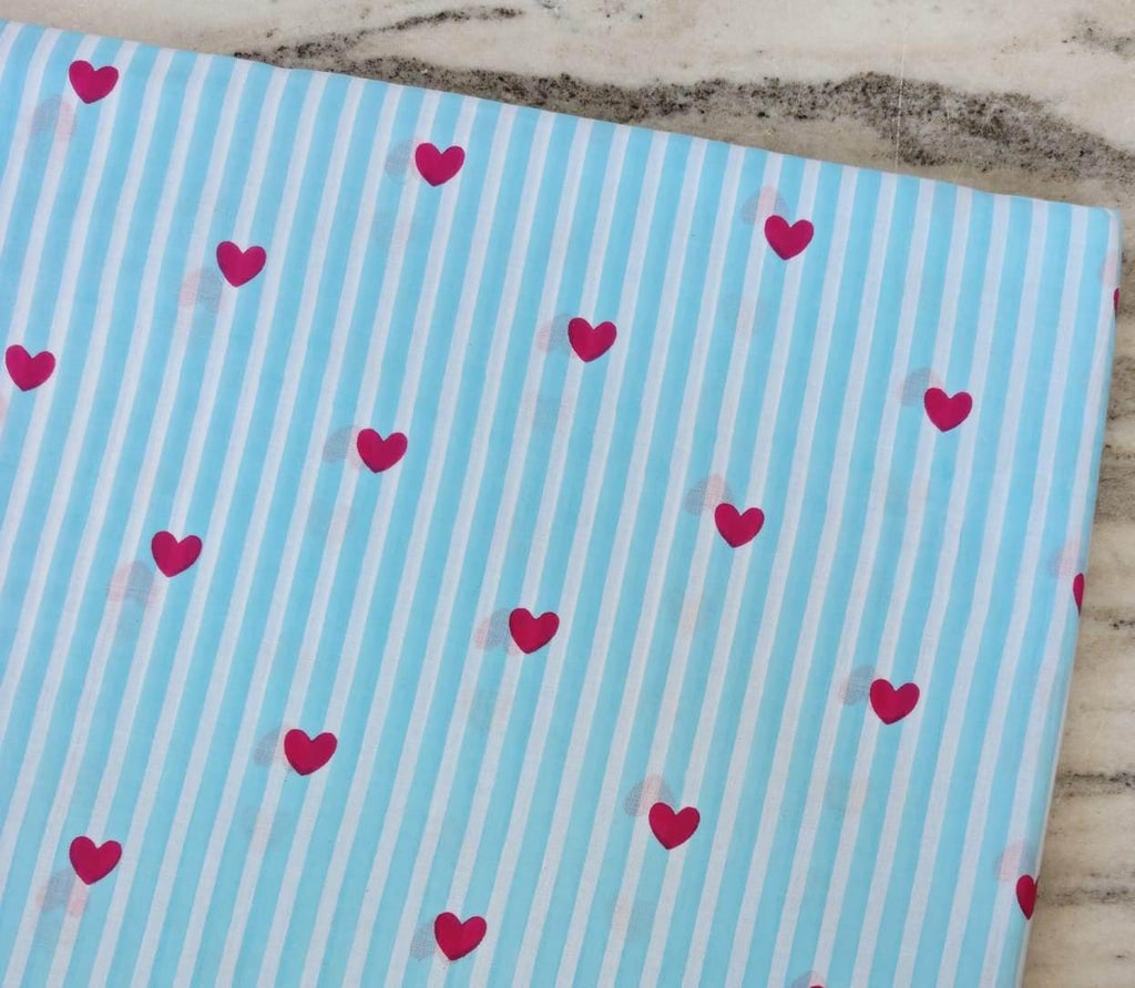 Blue Striped Cotton Fabric with Pink Hearts, Cute Heart Print Fabric, Valentine Fabric by Yard, Kids Craft Fabric, Quilting Sewing. Napkins