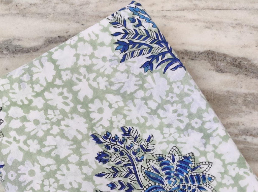 Blue Floral Hand Block Print Cotton Fabric, Soft Indian Fabric by the Yard, White & Sage Green Background, Quilting, Dressmaking, Gift Ideas