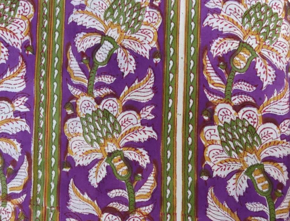 Purple Floral Cotton Fabric by the Yard, Indian Block Print Fabric, Green White Lotus Pattern, Boho Quilting Sewing Craft Material, Napkins
