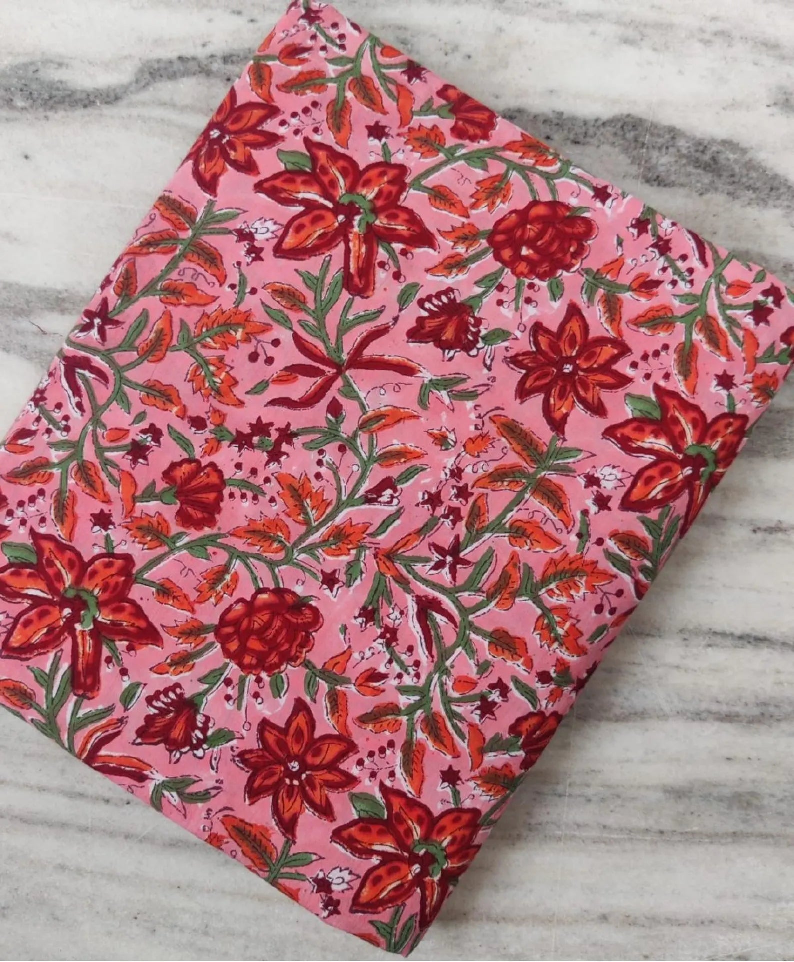 Pink Floral Cotton Fabric, Red Orange Hand Block Print Fabric By The Yard, Indian Soft Cotton for Quilting, Dressmaking, Sewing & Crafts
