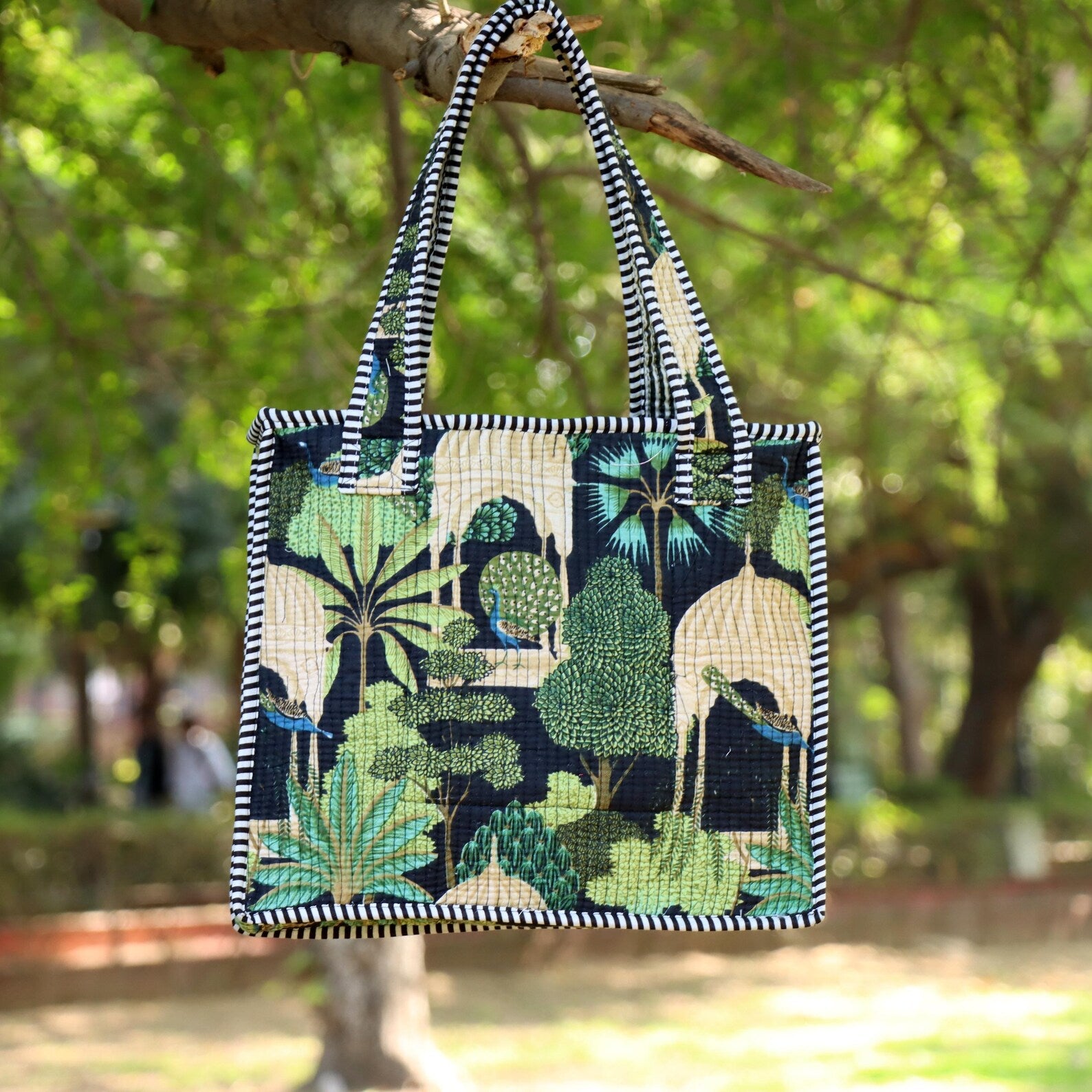 Handmade Quilted Cotton Tote Bag, Botanical Jungle Print Small Tote, Reusable Eco Friendly Shoulder Bag, Everyday Carry Gift Bag
