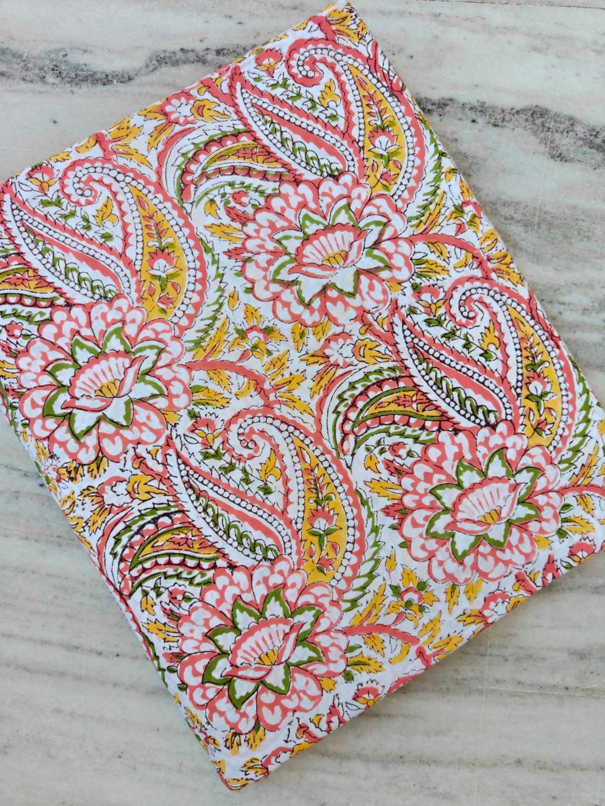 Indian Cotton Paisley Fabric, Floral Block Print Fabric, Handmade Cotton Fabric by Yard, Pink Yellow Floral Fabric, Craft Quilting Fabric